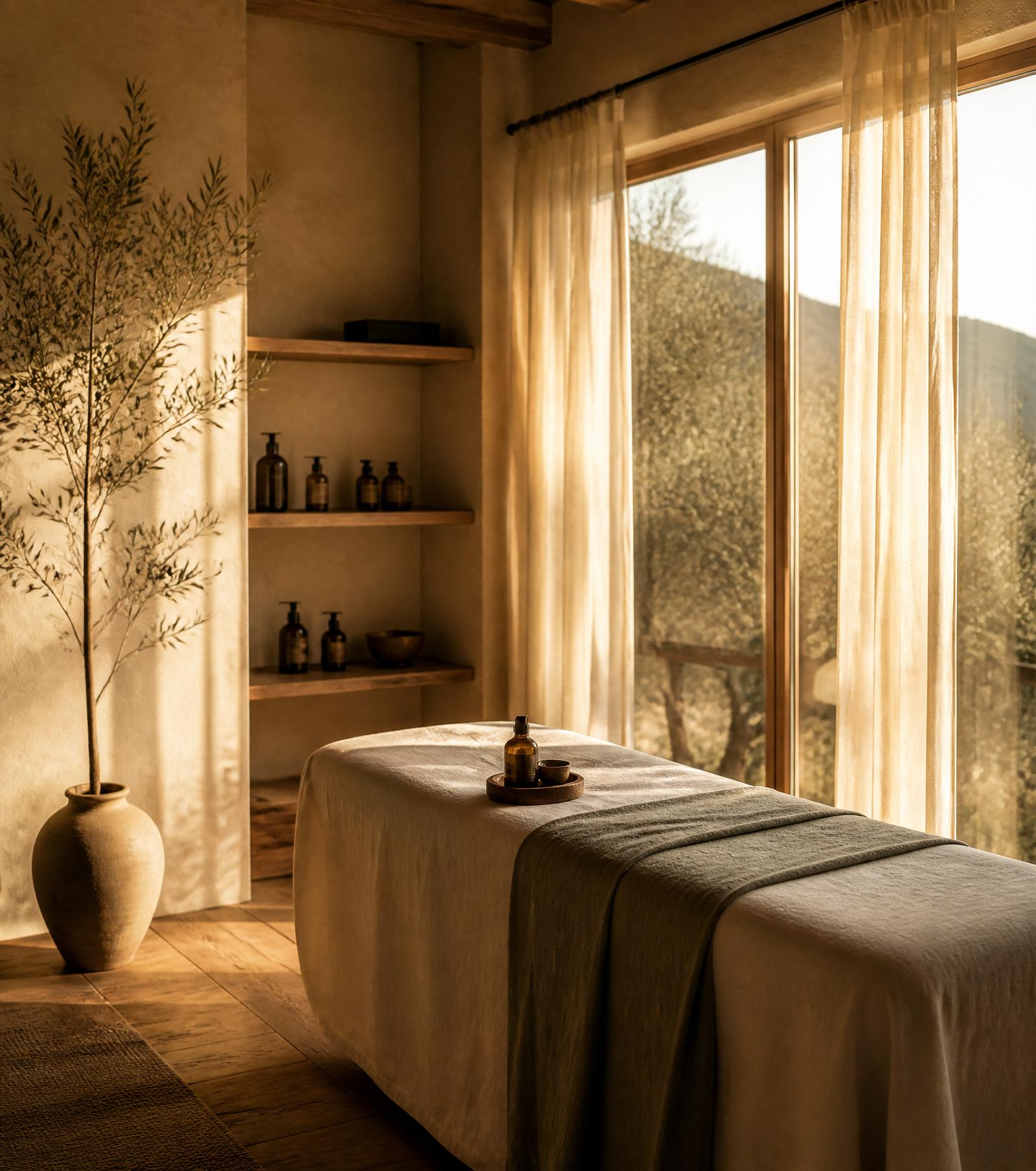Ruhiger Raum im Edel Vitalstudio im warmen Abendlicht